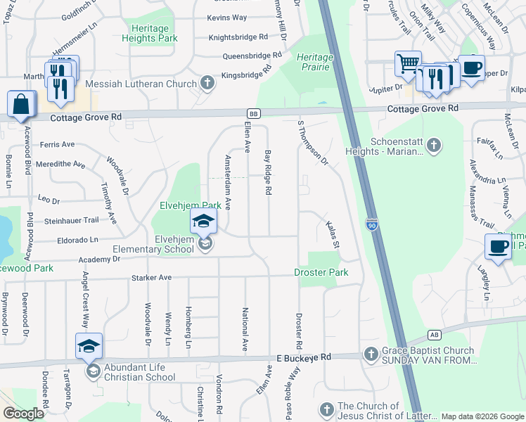 map of restaurants, bars, coffee shops, grocery stores, and more near 1302 Bay Ridge Road in Madison
