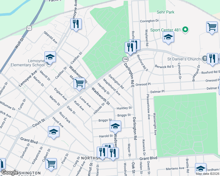 map of restaurants, bars, coffee shops, grocery stores, and more near 221-23 Maplehurst Ave in Syracuse