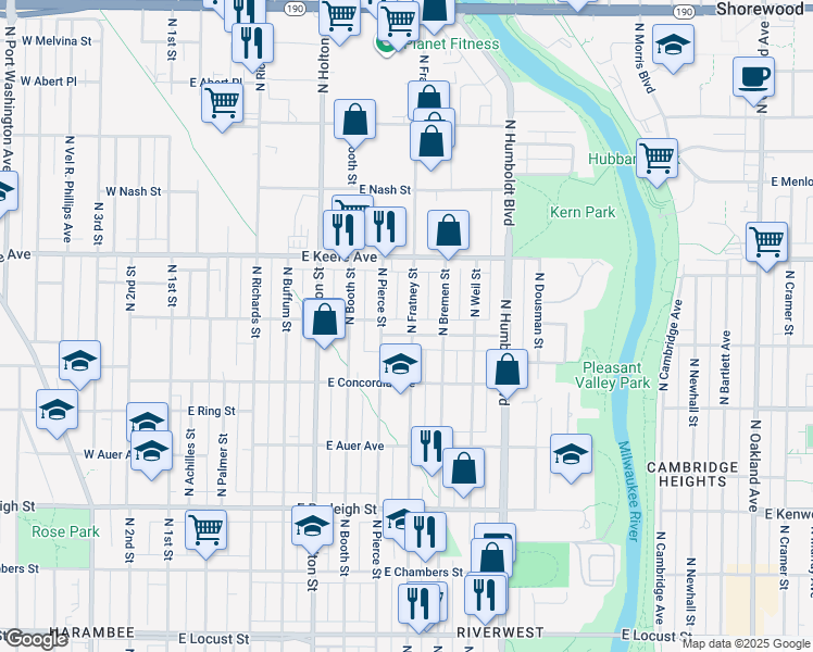 map of restaurants, bars, coffee shops, grocery stores, and more near 732 East Townsend Street in Milwaukee