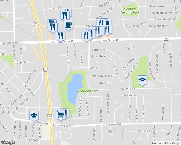 map of restaurants, bars, coffee shops, grocery stores, and more near 1209 Acewood Boulevard in Madison