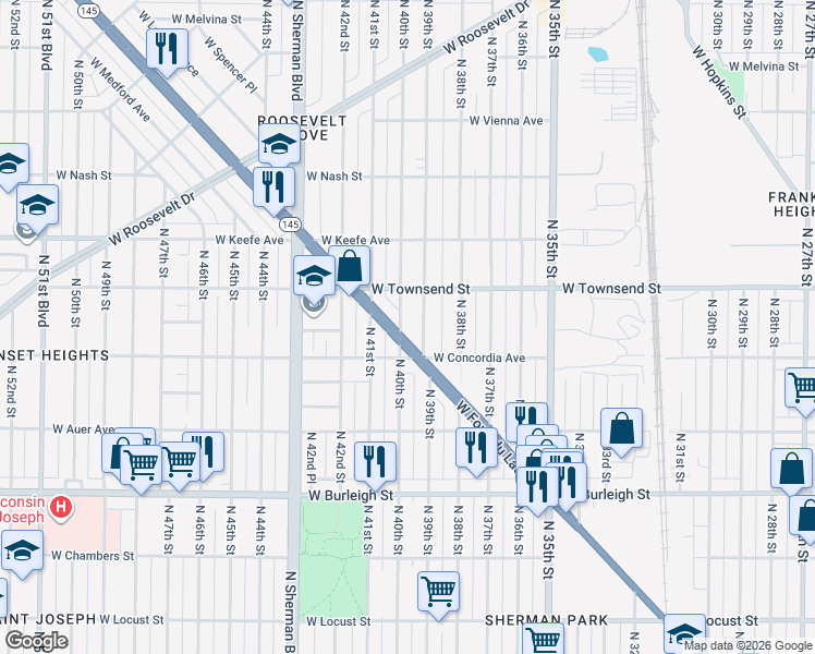 map of restaurants, bars, coffee shops, grocery stores, and more near 3936 Wisconsin 145 in Milwaukee