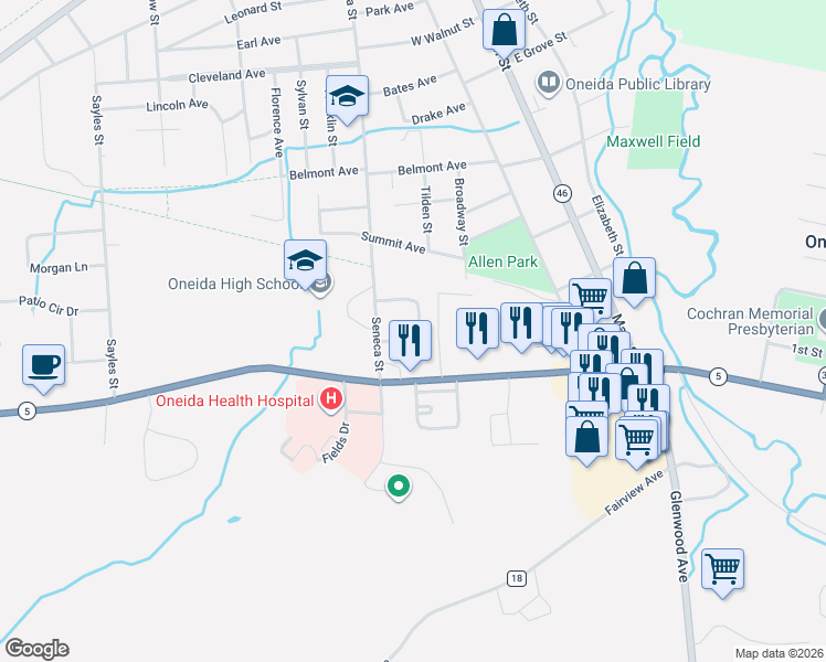 map of restaurants, bars, coffee shops, grocery stores, and more near 225 Maple Dr in Oneida