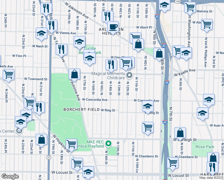 map of restaurants, bars, coffee shops, grocery stores, and more near 3344 North 14th Street in Milwaukee