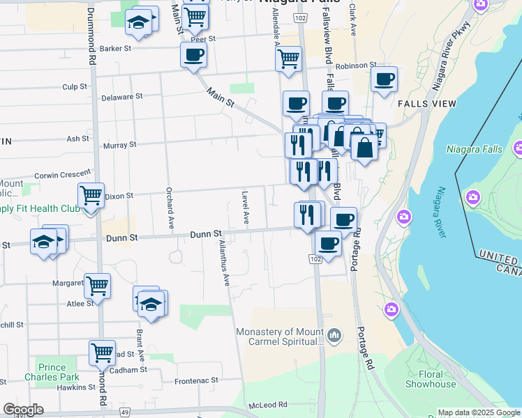 map of restaurants, bars, coffee shops, grocery stores, and more near 6557 Cleveland Avenue in Niagara Falls