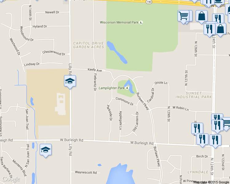 map of restaurants, bars, coffee shops, grocery stores, and more near 3370 Parkside Drive in Brookfield