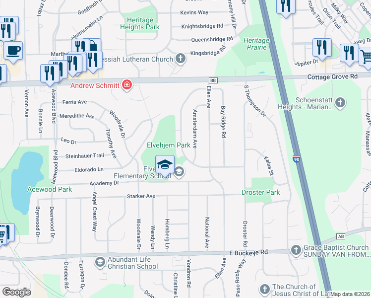 map of restaurants, bars, coffee shops, grocery stores, and more near 1225 Painted Post Drive in Madison