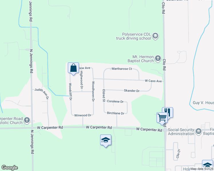 map of restaurants, bars, coffee shops, grocery stores, and more near 5170 Eldred Street in Flint