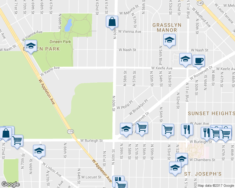 map of restaurants, bars, coffee shops, grocery stores, and more near 3322 North 60th Street in Milwaukee
