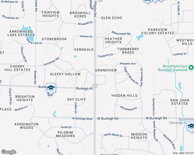 map of restaurants, bars, coffee shops, grocery stores, and more near 15545 Grandview Drive Upper in Brookfield