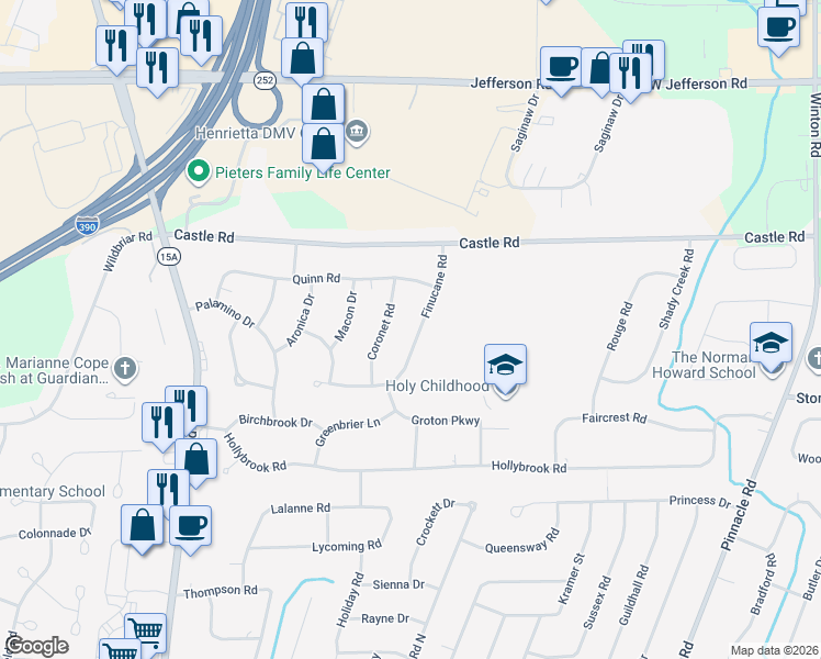map of restaurants, bars, coffee shops, grocery stores, and more near 77 Finucane Road in Rochester