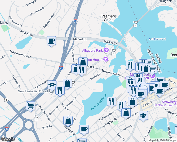 map of restaurants, bars, coffee shops, grocery stores, and more near 1010 U.S. 1 in Portsmouth