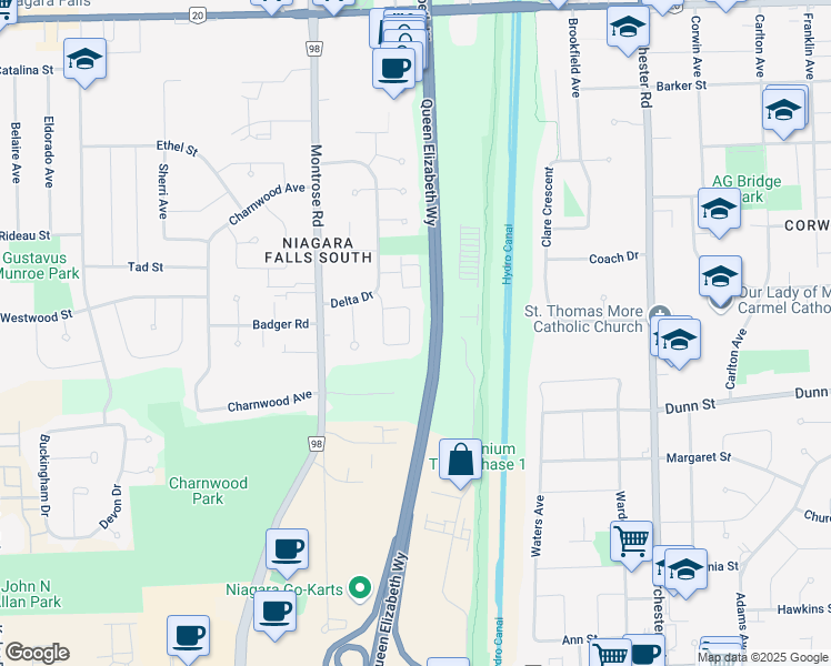 map of restaurants, bars, coffee shops, grocery stores, and more near 6546 Malibu Drive in Niagara Falls