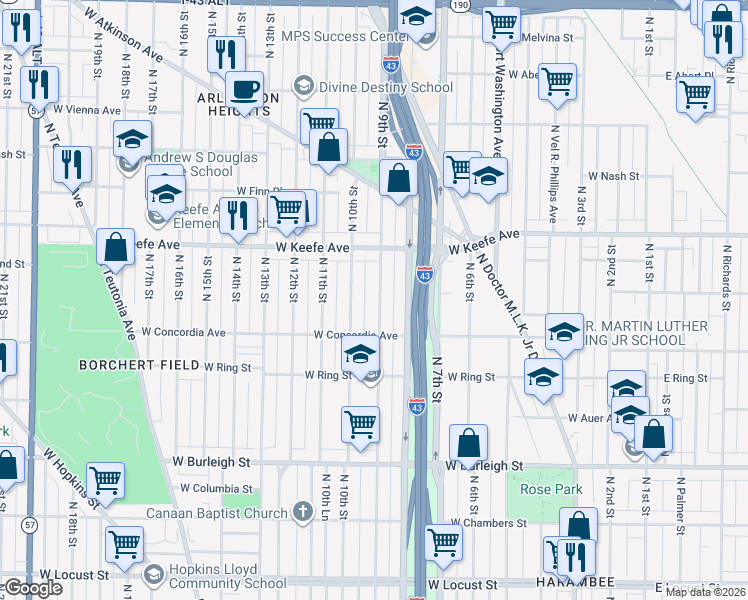 map of restaurants, bars, coffee shops, grocery stores, and more near 3349 North 9th Street in Milwaukee
