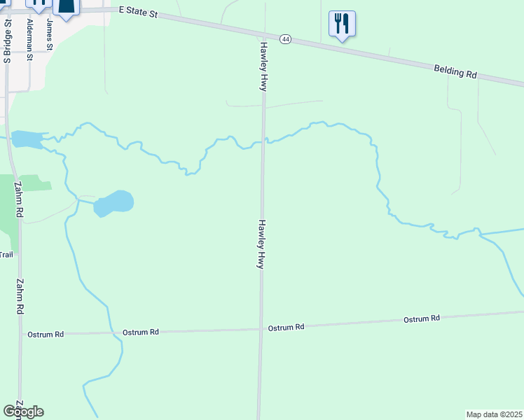 map of restaurants, bars, coffee shops, grocery stores, and more near 6364 Hawley Highway in Belding