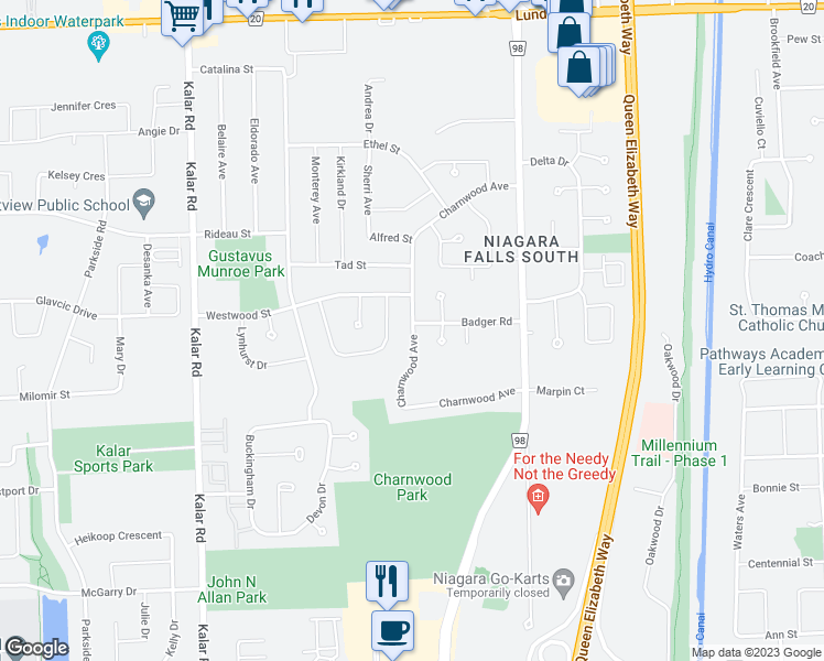 map of restaurants, bars, coffee shops, grocery stores, and more near 6527 Charnwood Avenue in Niagara Falls