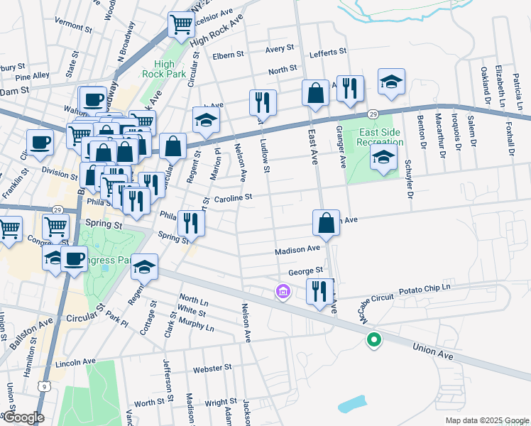 map of restaurants, bars, coffee shops, grocery stores, and more near 67 Ludlow Street in Saratoga Springs