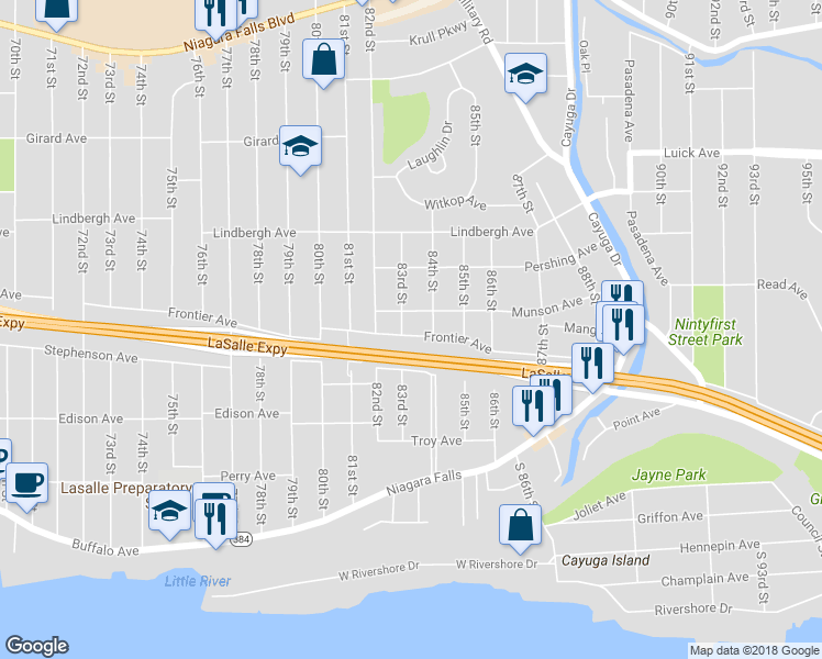 map of restaurants, bars, coffee shops, grocery stores, and more near 8304 Frontier Avenue in Niagara Falls