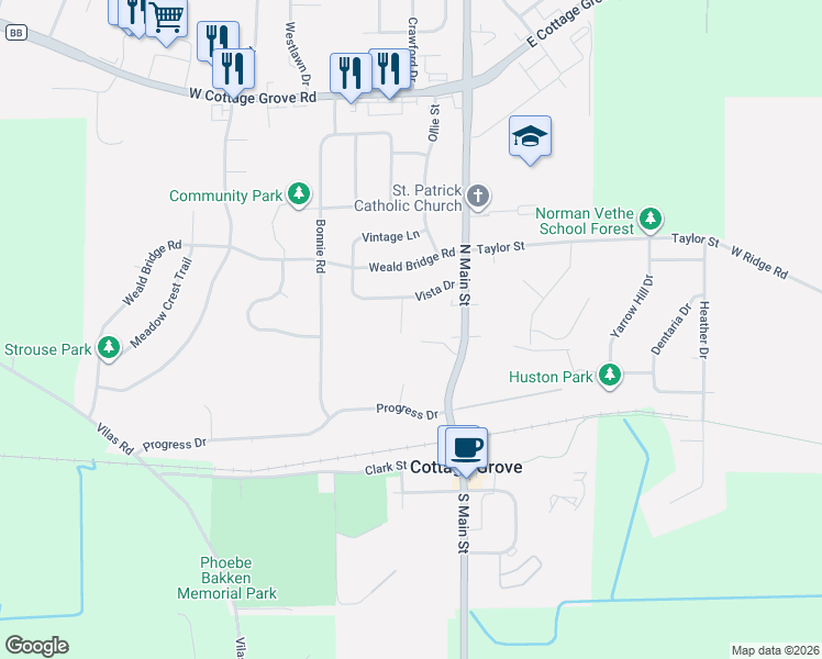 map of restaurants, bars, coffee shops, grocery stores, and more near 308 Tanglewood Court in Cottage Grove