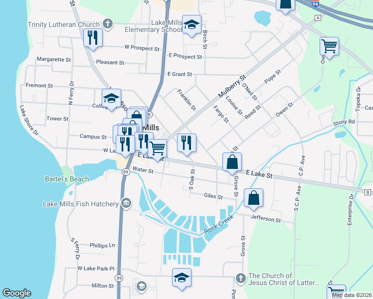 map of restaurants, bars, coffee shops, grocery stores, and more near 303 East Oak Street in Lake Mills