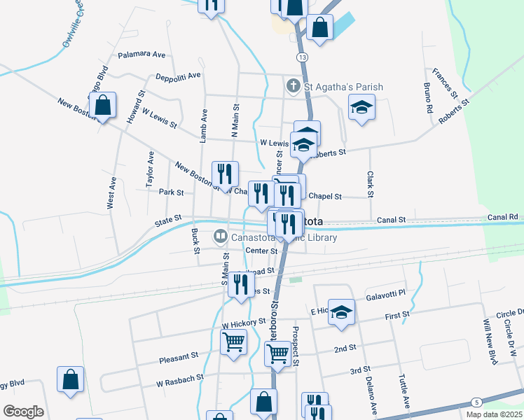 map of restaurants, bars, coffee shops, grocery stores, and more near 109 Souter Street in Canastota