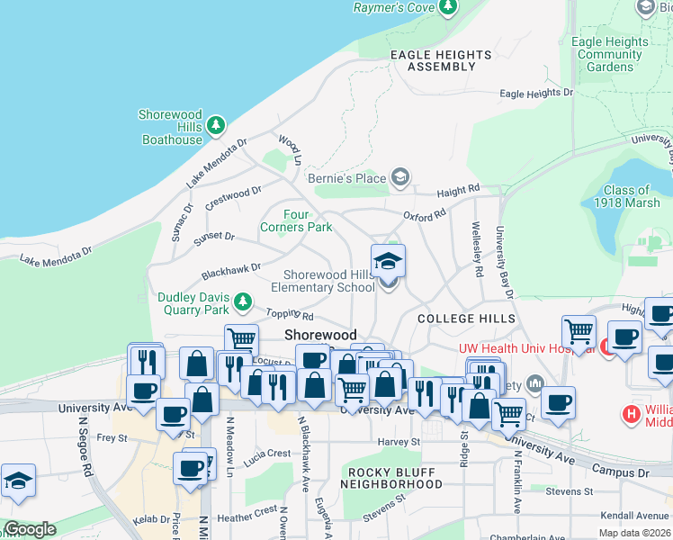 map of restaurants, bars, coffee shops, grocery stores, and more near 1115 Oak Way in Madison