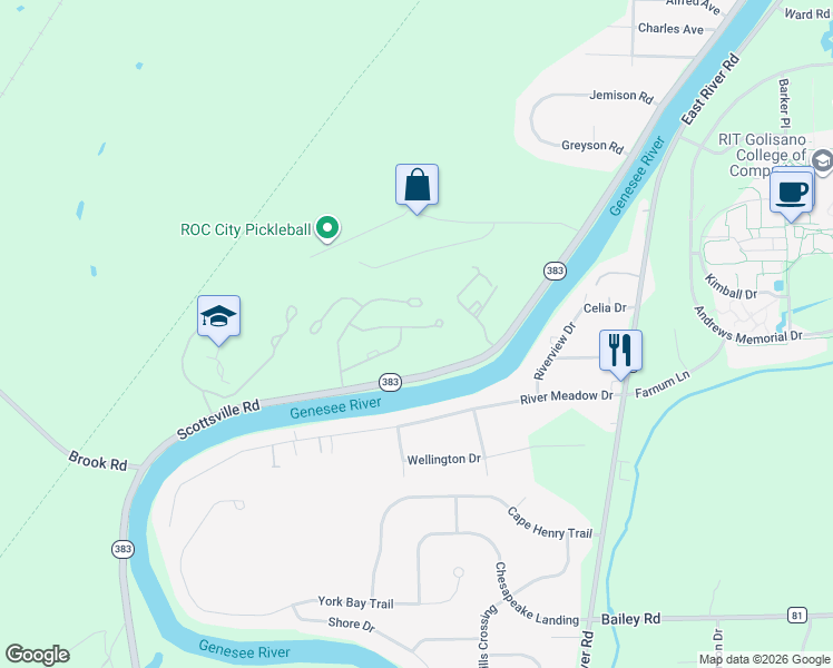 map of restaurants, bars, coffee shops, grocery stores, and more near 44 Great Meadow Circle in Rochester
