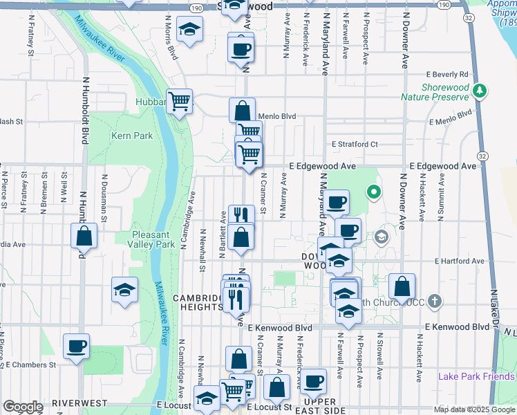 map of restaurants, bars, coffee shops, grocery stores, and more near 3423 North Cramer Street in Milwaukee