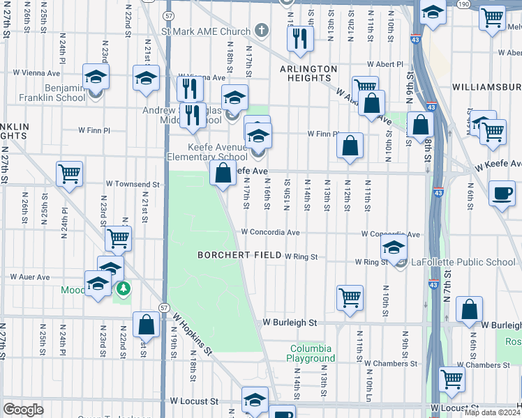 map of restaurants, bars, coffee shops, grocery stores, and more near 3347 N 16th St in Milwaukee