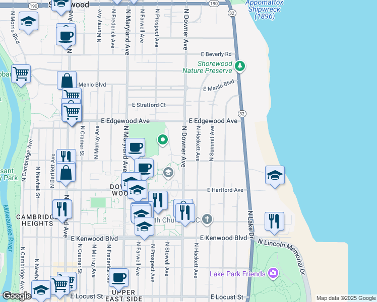map of restaurants, bars, coffee shops, grocery stores, and more near 3424 North Downer Avenue in Milwaukee