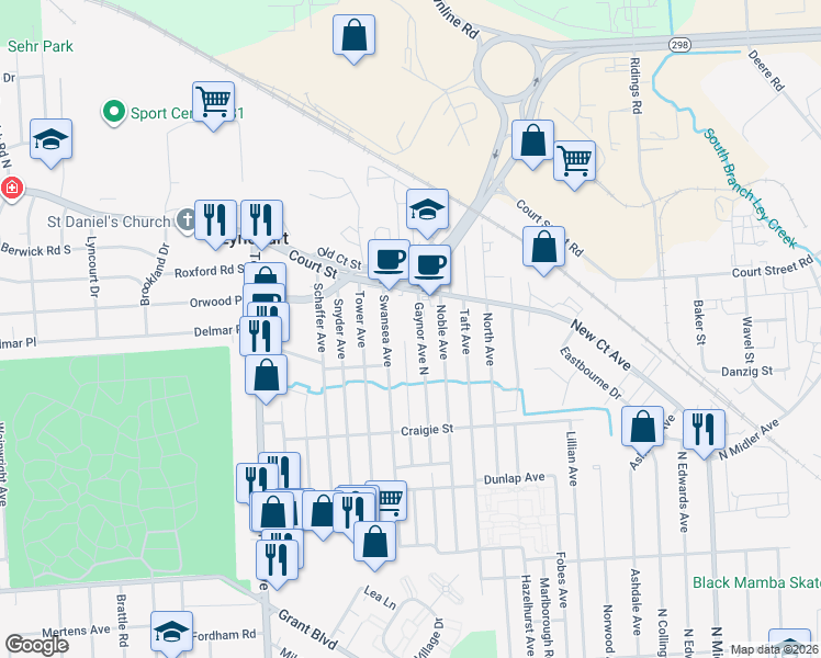 map of restaurants, bars, coffee shops, grocery stores, and more near 433 Gaynor Avenue North in Syracuse