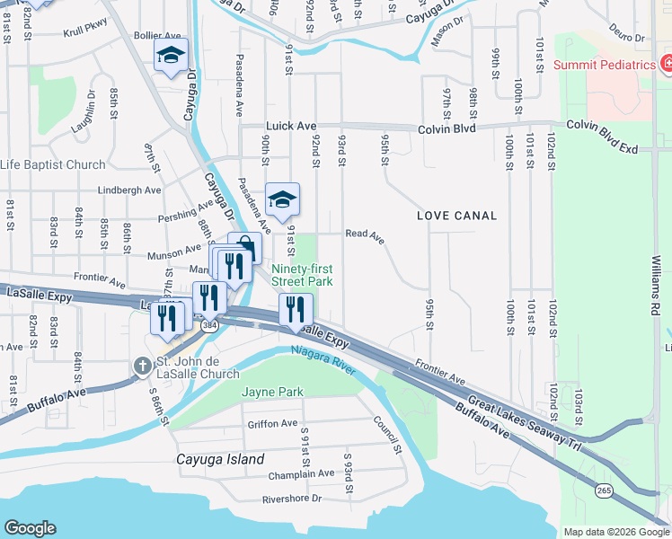 map of restaurants, bars, coffee shops, grocery stores, and more near 622 93rd St in Niagara Falls