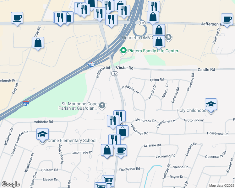 map of restaurants, bars, coffee shops, grocery stores, and more near 2039 East Henrietta Road in Rochester