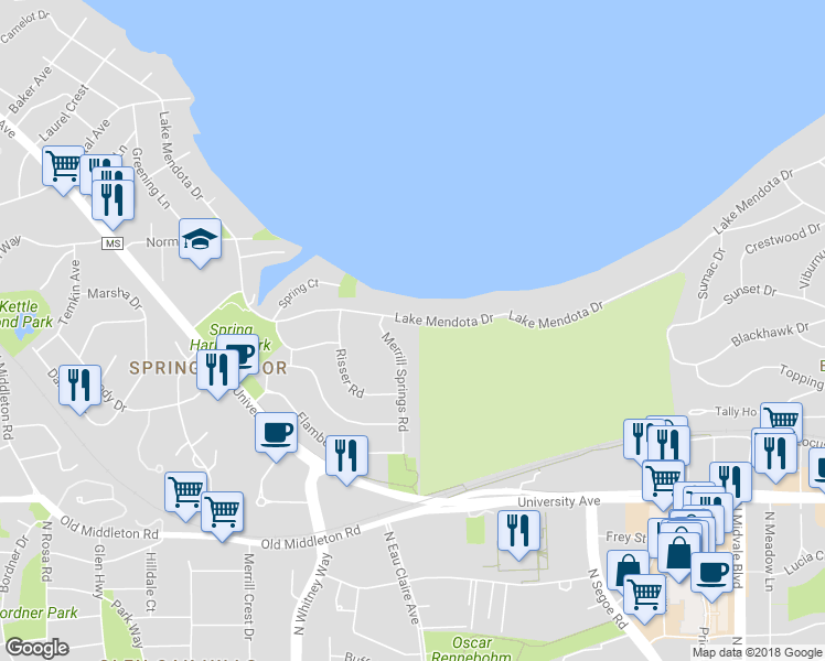 map of restaurants, bars, coffee shops, grocery stores, and more near 5001 Lake Mendota Drive in Madison