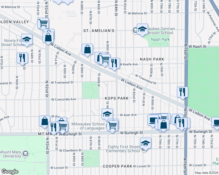 map of restaurants, bars, coffee shops, grocery stores, and more near 3350 North 85th Street in Milwaukee