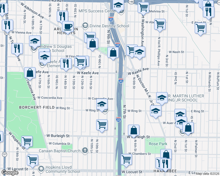 map of restaurants, bars, coffee shops, grocery stores, and more near 3349 North 9th Street in Milwaukee