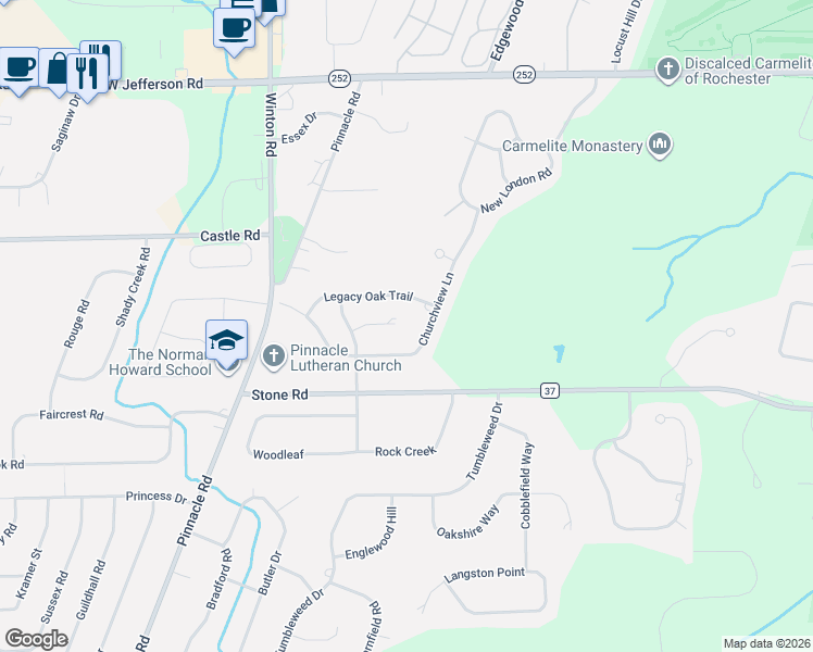 map of restaurants, bars, coffee shops, grocery stores, and more near 27 Hayfield Way in Pittsford