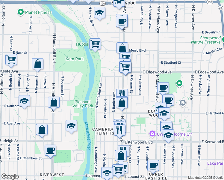 map of restaurants, bars, coffee shops, grocery stores, and more near 3423 North Bartlett Avenue in Milwaukee