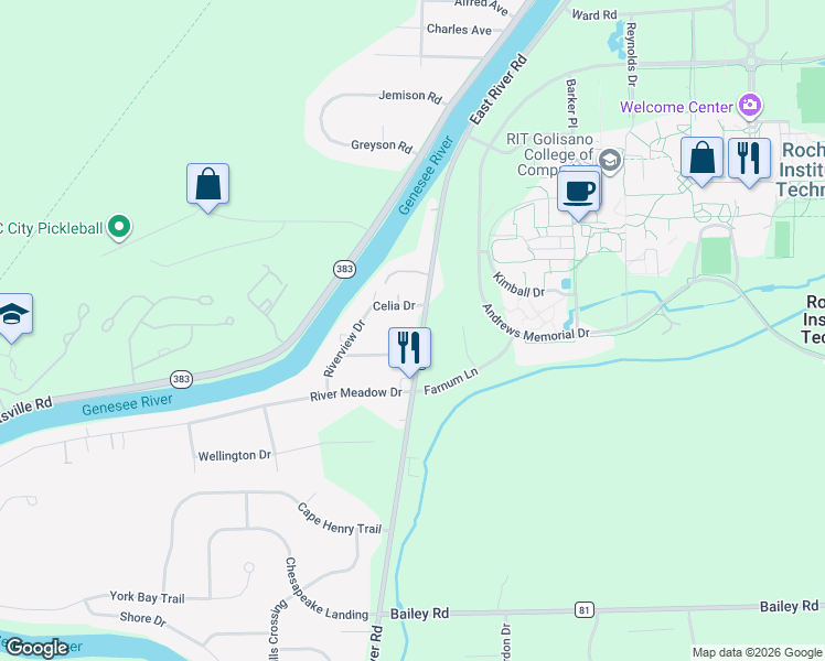 map of restaurants, bars, coffee shops, grocery stores, and more near 3205 East River Road in Rochester