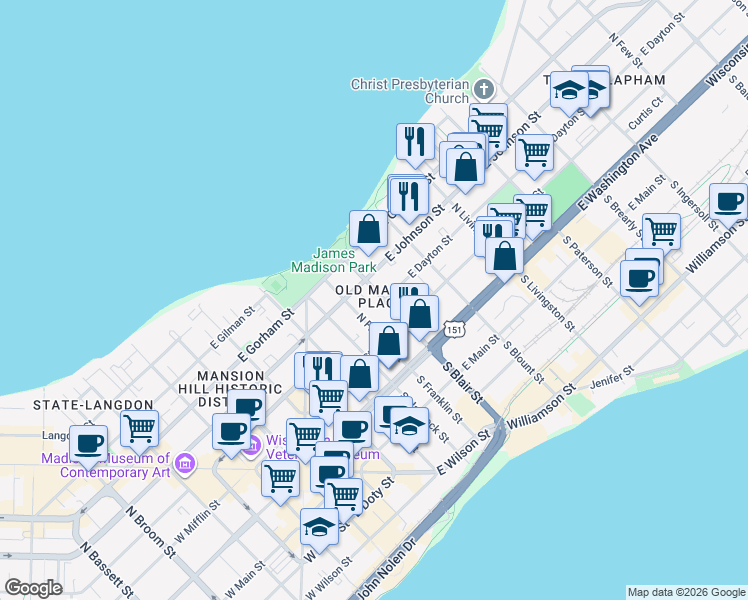 map of restaurants, bars, coffee shops, grocery stores, and more near 206 North Blair Street in Madison
