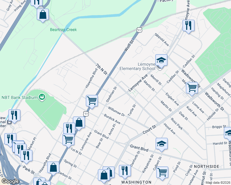 map of restaurants, bars, coffee shops, grocery stores, and more near 208 Stedman Street in Syracuse