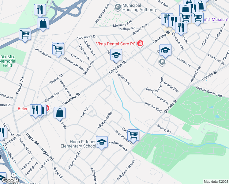 map of restaurants, bars, coffee shops, grocery stores, and more near 25 Beverly Place in Utica