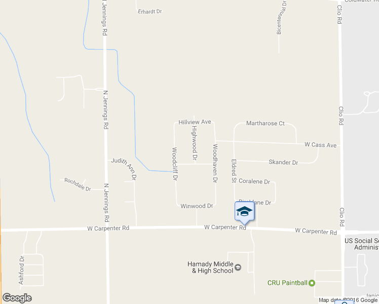 map of restaurants, bars, coffee shops, grocery stores, and more near 5171 Highwood Drive in Flint