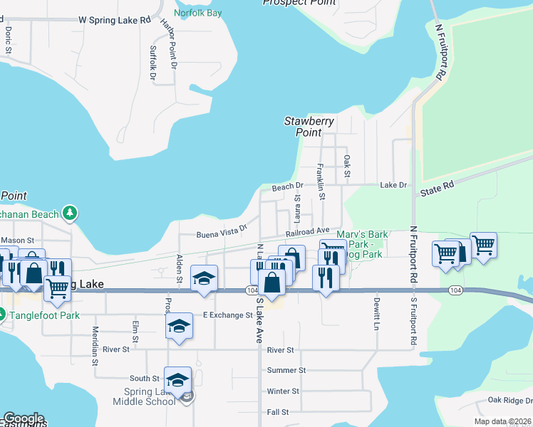 map of restaurants, bars, coffee shops, grocery stores, and more near 314 N Lake Ave in Spring Lake