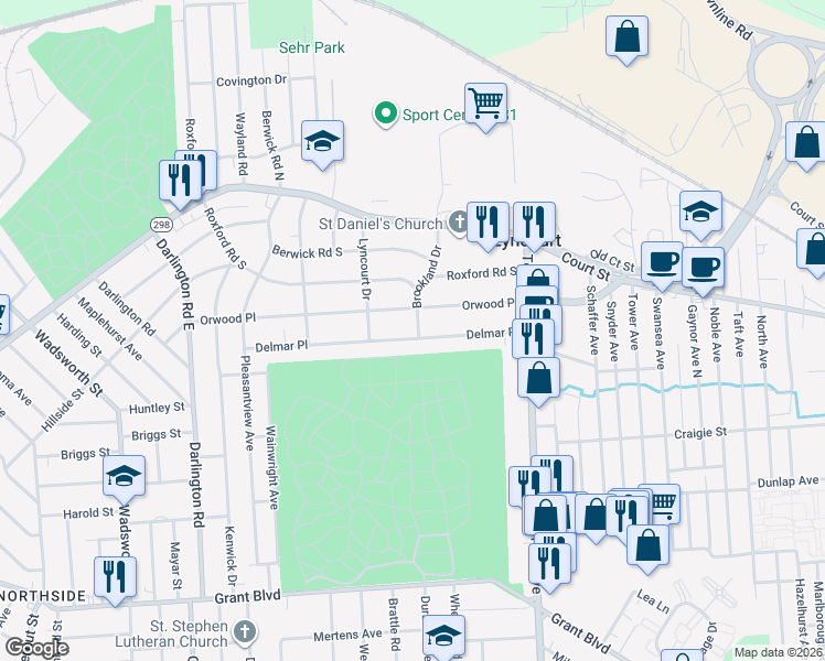 map of restaurants, bars, coffee shops, grocery stores, and more near 529 Delmar Place in Syracuse