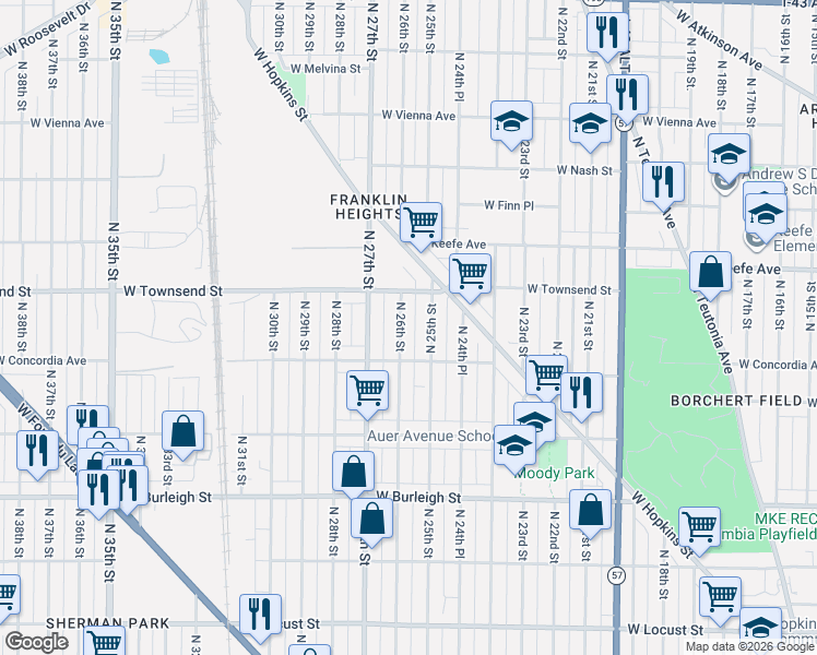 map of restaurants, bars, coffee shops, grocery stores, and more near 3342 North 26th Street in Milwaukee