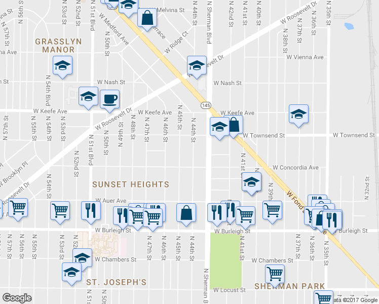 map of restaurants, bars, coffee shops, grocery stores, and more near 3341 North 44th Street in Milwaukee