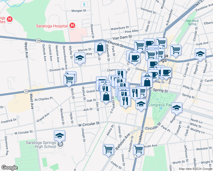 map of restaurants, bars, coffee shops, grocery stores, and more near 9 Dublin Square Lane in Saratoga Springs