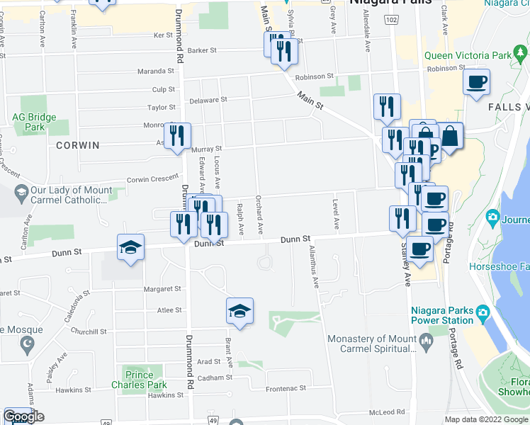 map of restaurants, bars, coffee shops, grocery stores, and more near 6568 Orchard Avenue in Niagara Falls