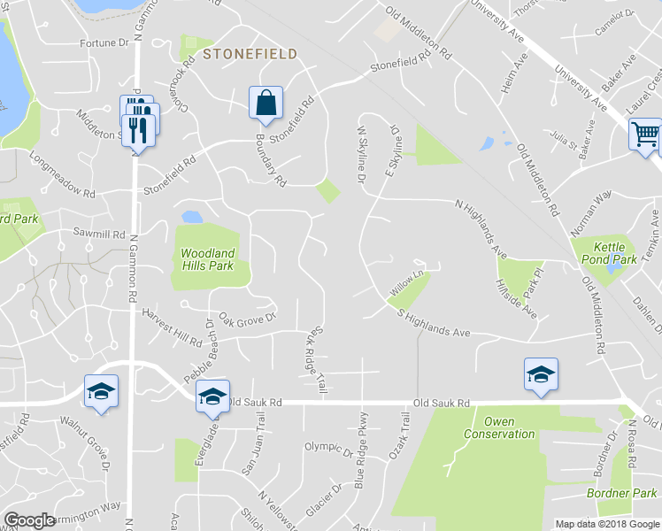 map of restaurants, bars, coffee shops, grocery stores, and more near 18 Schlough Court in Madison