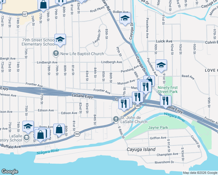 map of restaurants, bars, coffee shops, grocery stores, and more near 620 86th Street in Niagara Falls